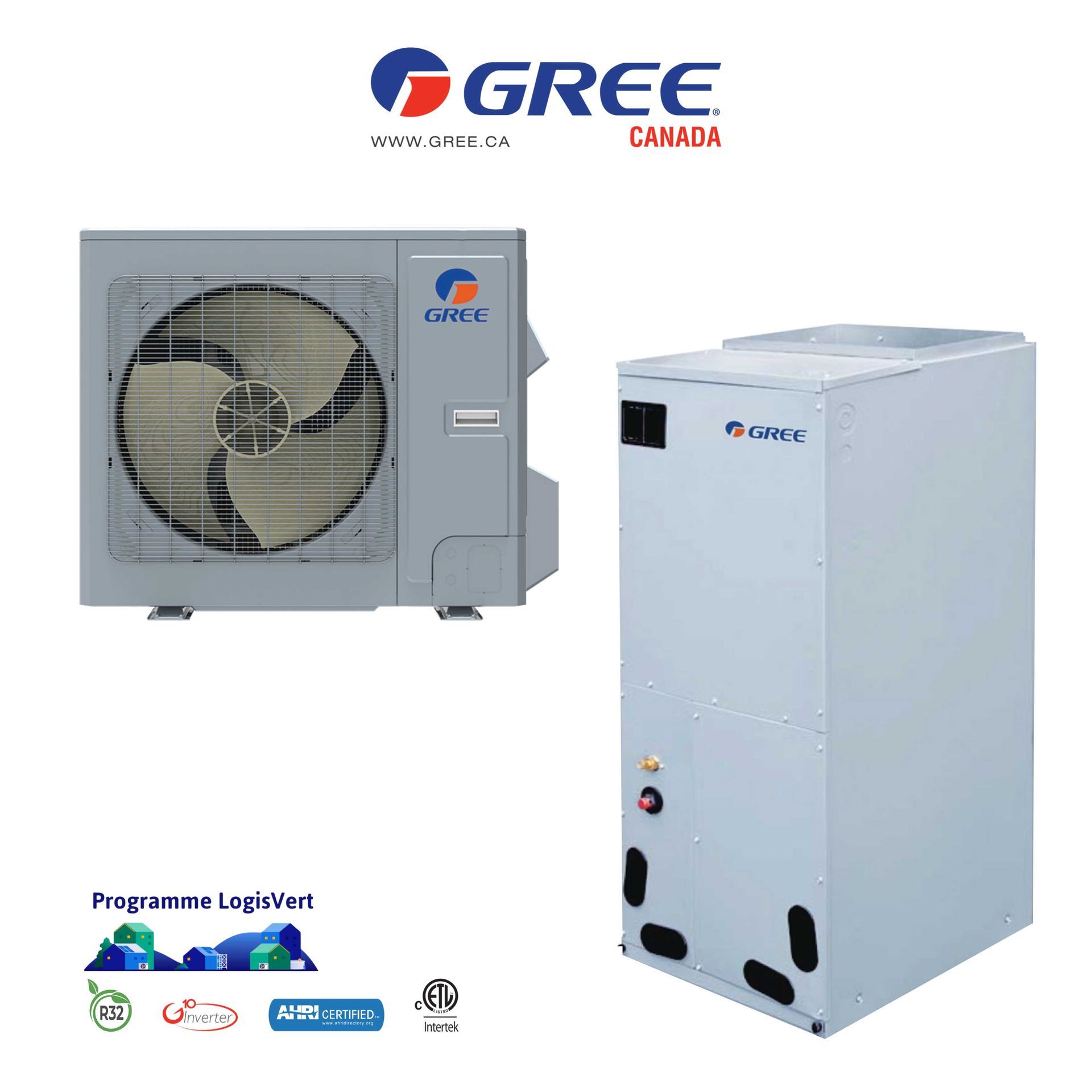 Système de pompe à chaleur GREE Canada : unité extérieure avec ventilateur et unité intérieure, toutes deux gris clair.