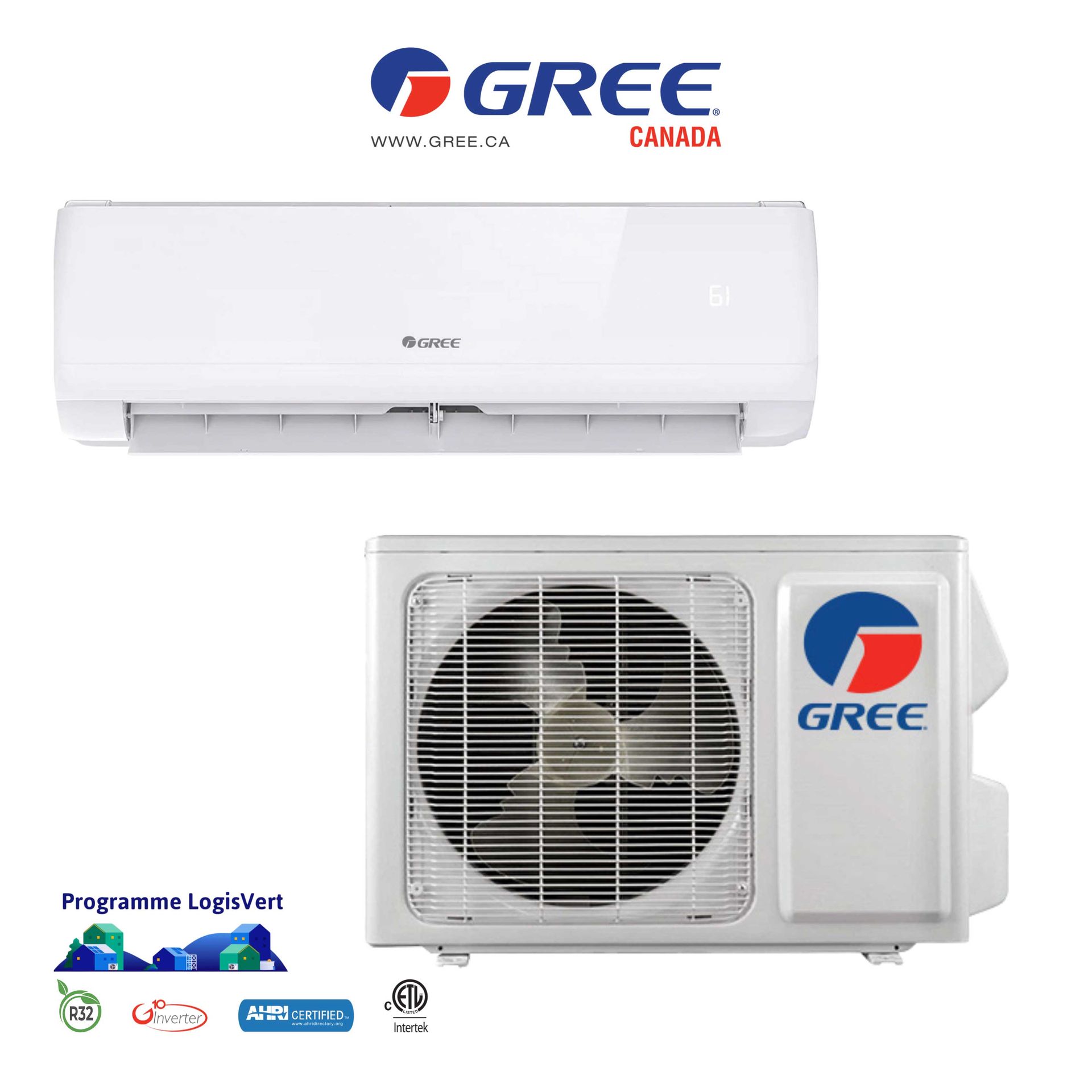 Unité de climatisation Gree Canada, composants intérieurs et extérieurs blancs.