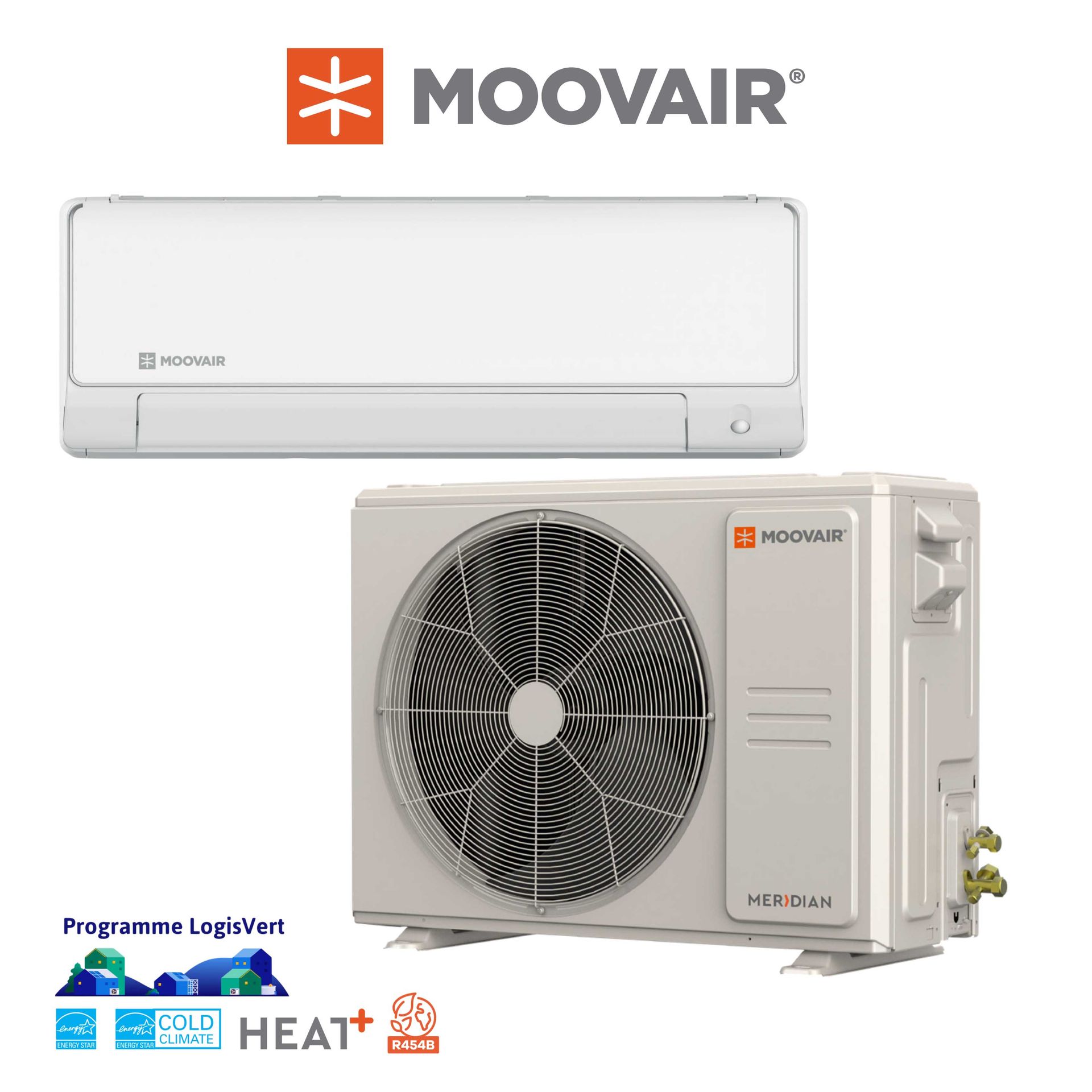 Climatiseur split Moovair blanc avec unités intérieure et extérieure, l'unité extérieure étant visible.