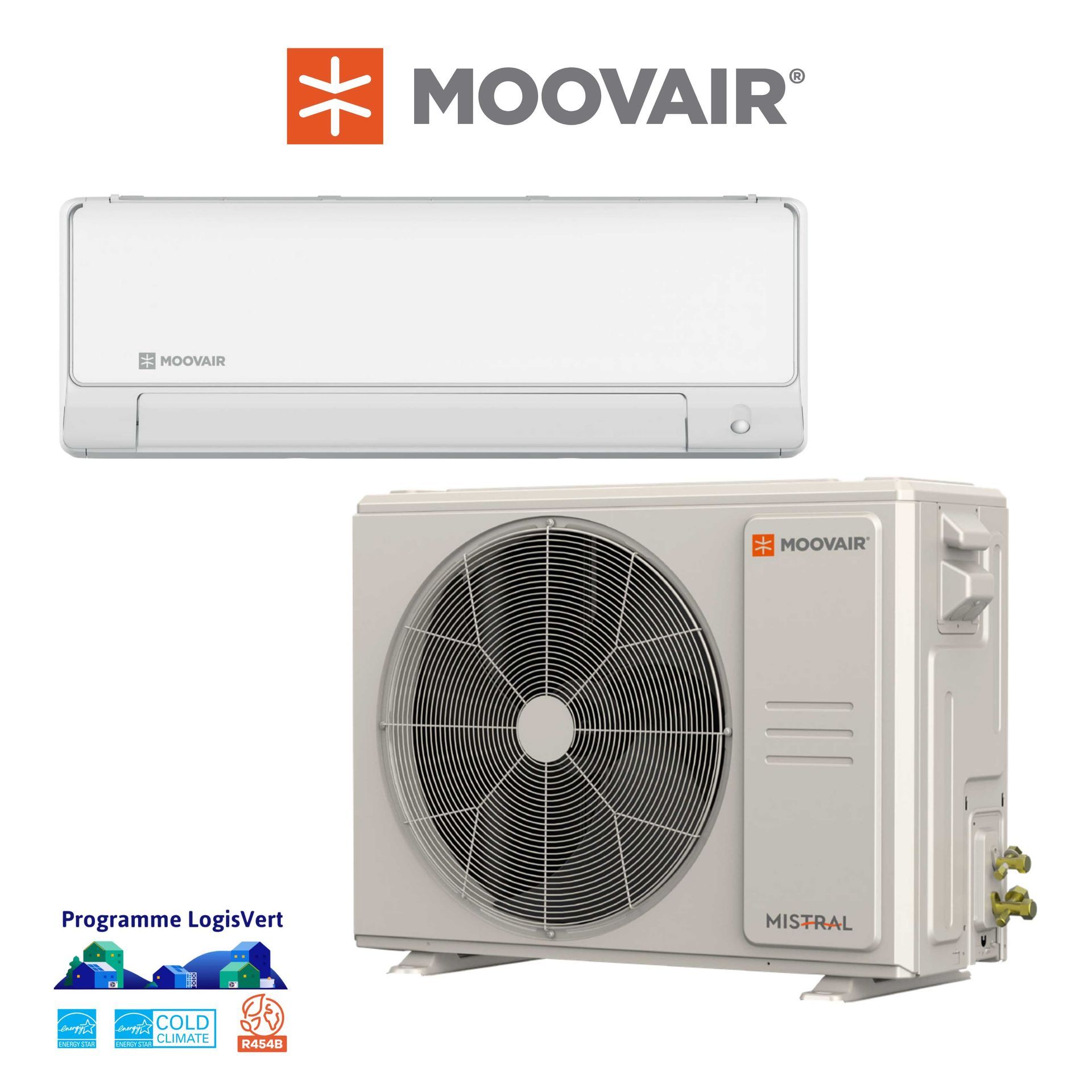 Unité de climatisation White Moovair, composants intérieurs et extérieurs.