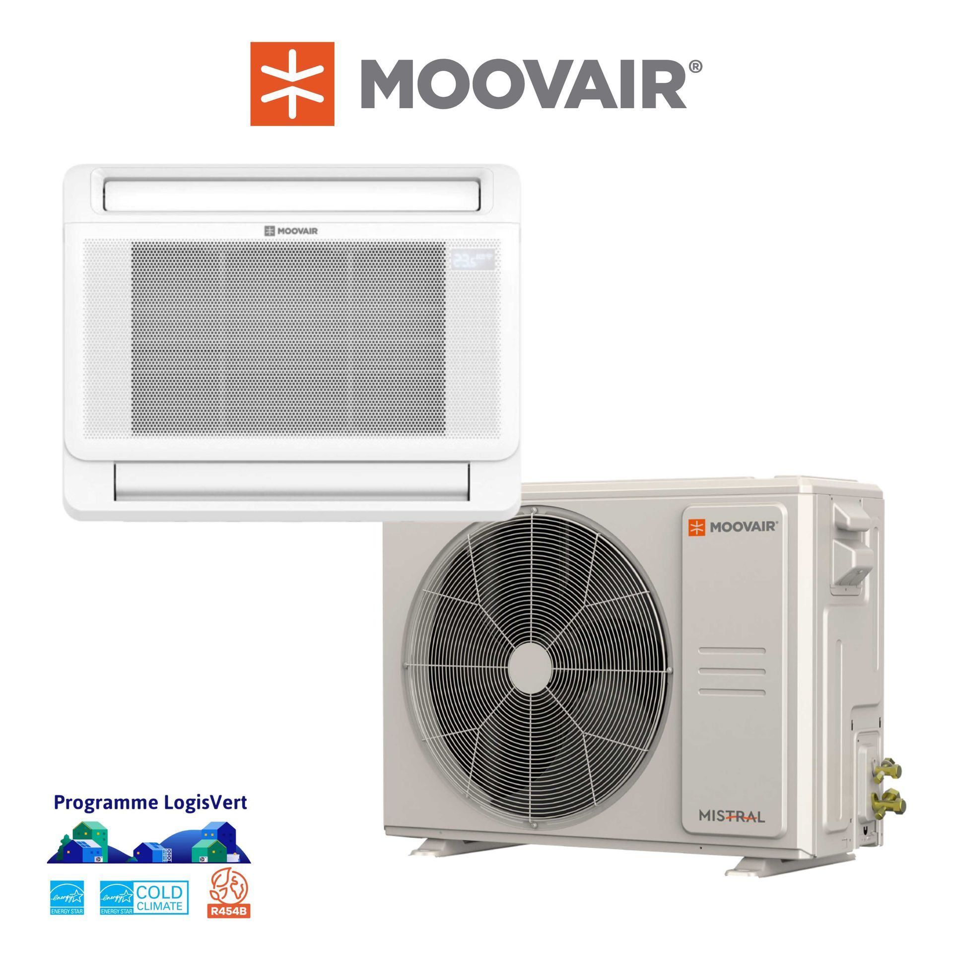 Unité de climatisation White Moovair, composants extérieurs et intérieurs.