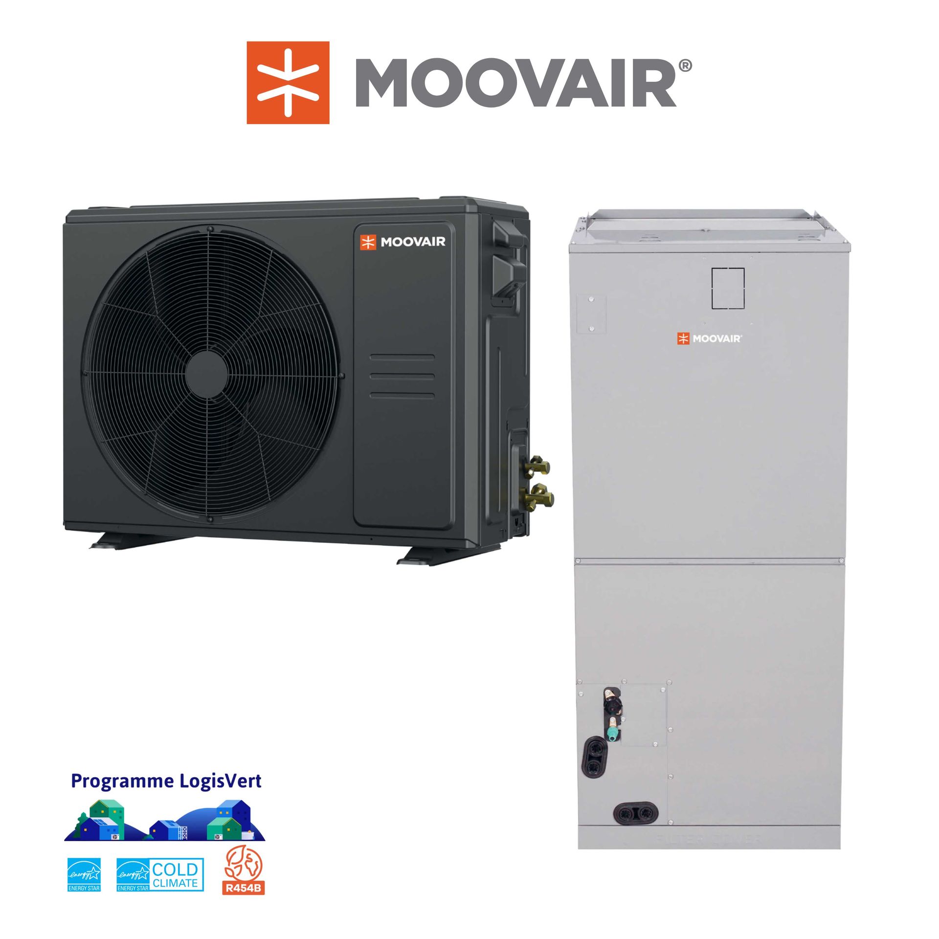Système de pompe à chaleur Moovair : unité extérieure (noire) et unité intérieure (grise) côte à côte.