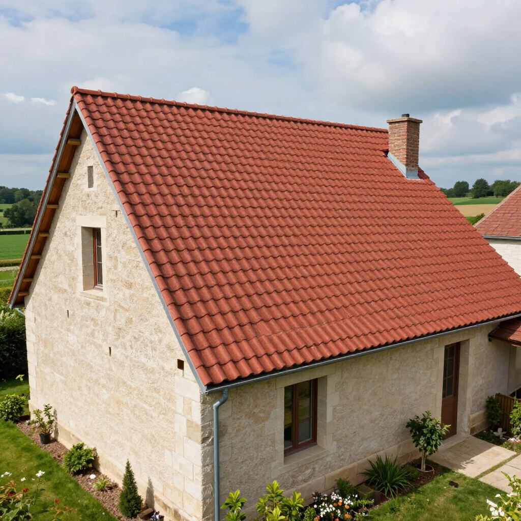 Une maison en pierre au toit de tuiles rouges et à la cheminée en briques, située dans un paysage rural verdoyant