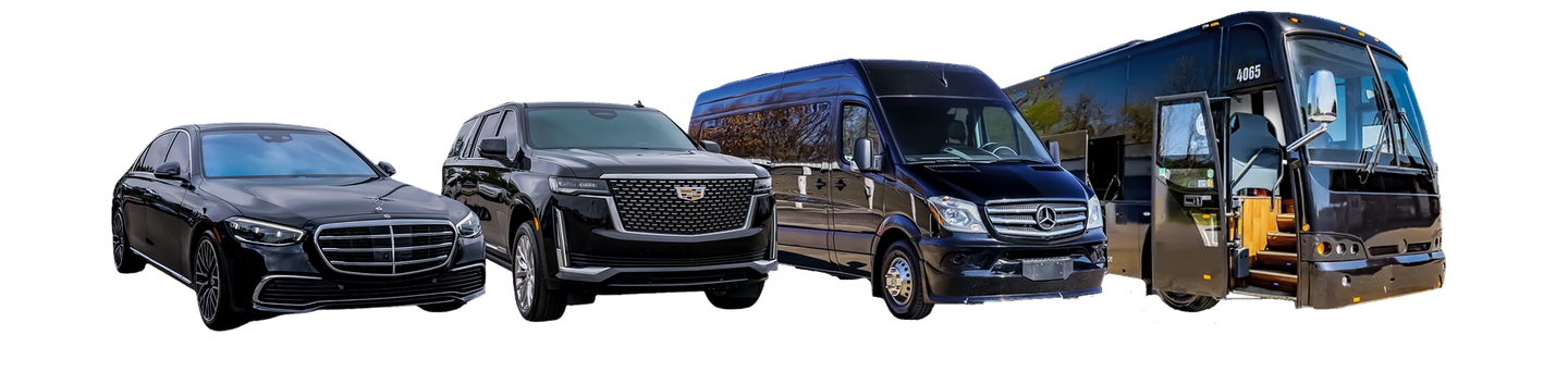 Four black vehicles, a sedan, SUV, van, and bus, lined up.