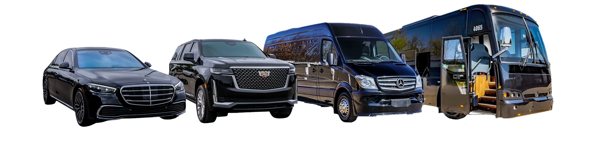 Four black vehicles, a sedan, SUV, van, and bus, lined up.