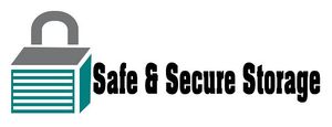 Logo for Safe & Secure Storage: padlock and storage unit graphic, teal and gray, with text.