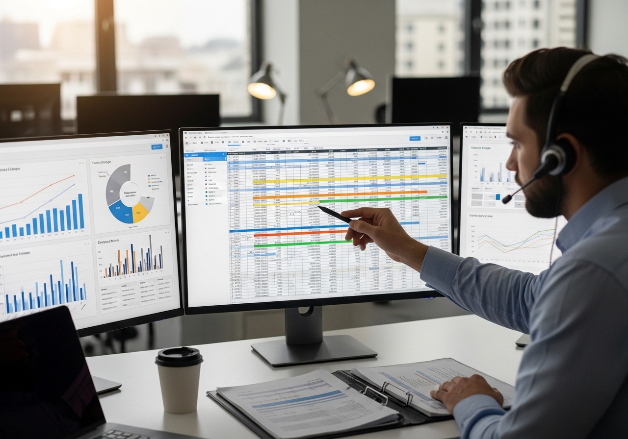 A professional wearing a headset points at a data-filled spreadsheet on a monitor in a bright office.