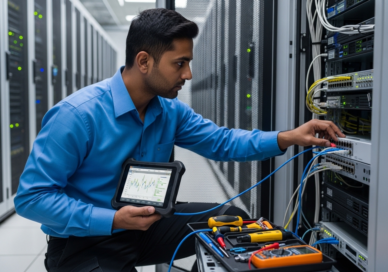 A technician holding a tablet works on a network switch in a server room with tools nearby.