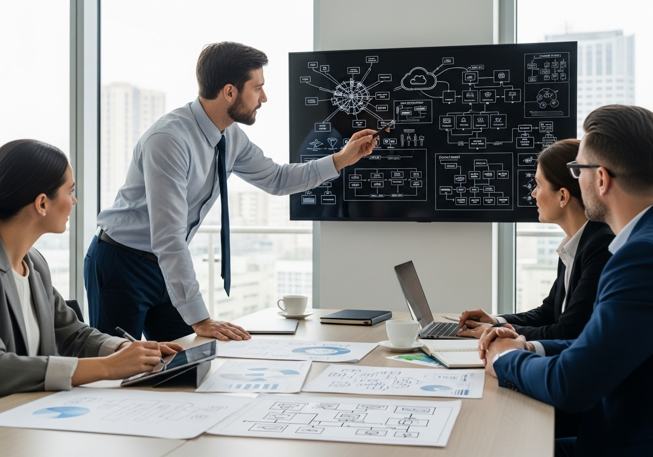 A professional team in a conference room discusses business diagrams shown on a large screen during a presentation.