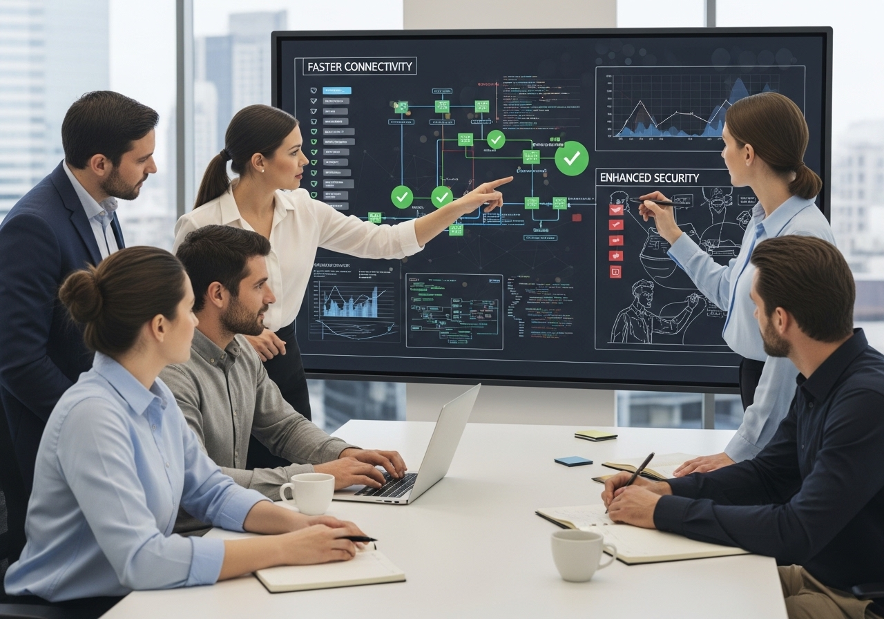 A group of professionals in a bright office meeting, discussing data visualizations on a large digital screen.