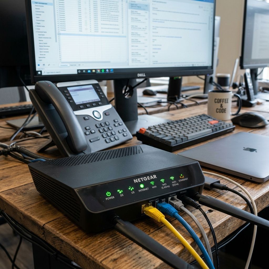 A Netgear router with several ethernet cables plugged in sits on a wooden desk next to a phone, monitor, and laptop.