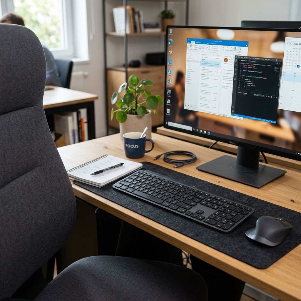 A desk with a computer monitor, keyboard, mouse, notebook, and a small potted plant in a bright, modern office space.