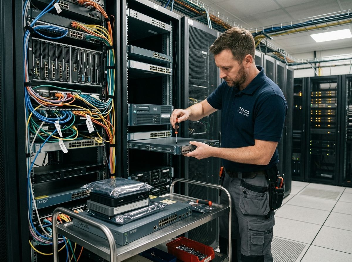 A technician in a data center installs a server unit into a rack while using a screwdriver.
