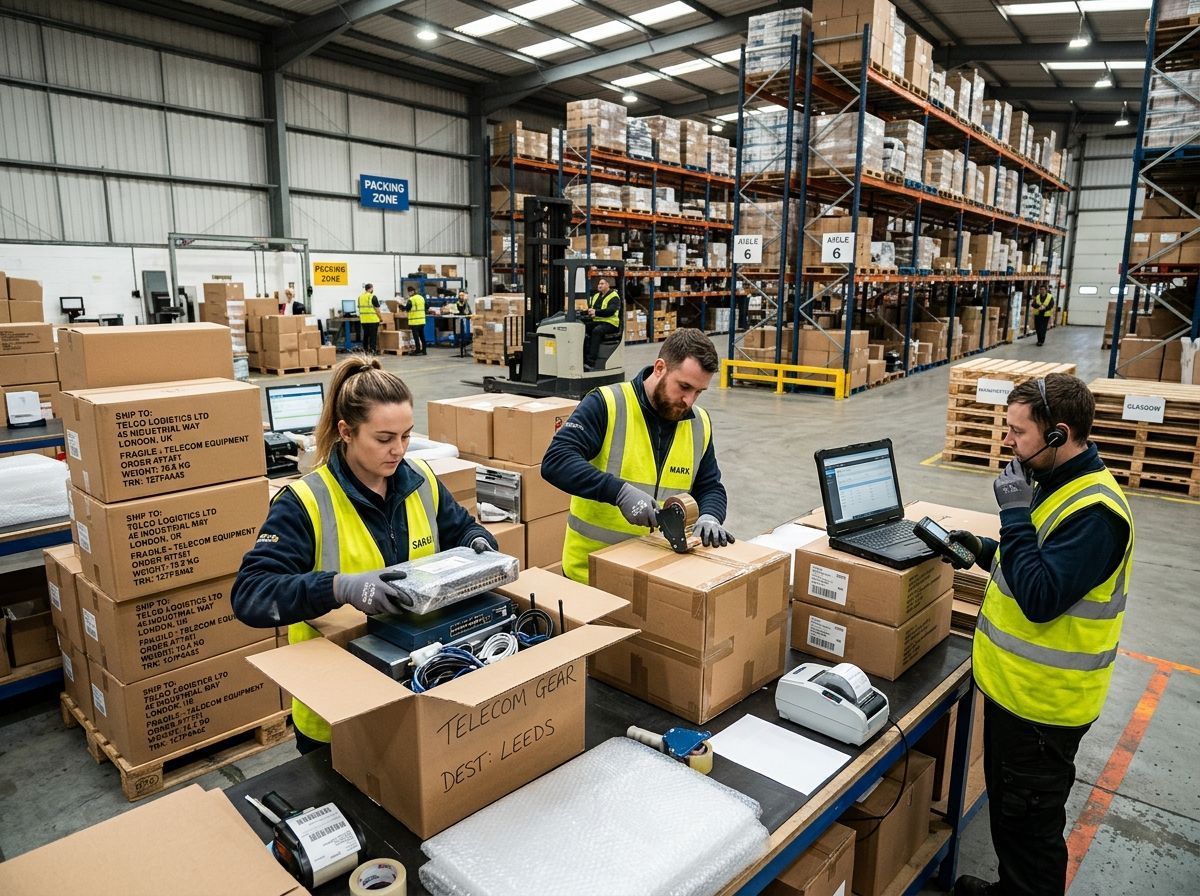 Warehouse workers in high-visibility vests pack boxes and work at a table in a facility with shelves of inventory.