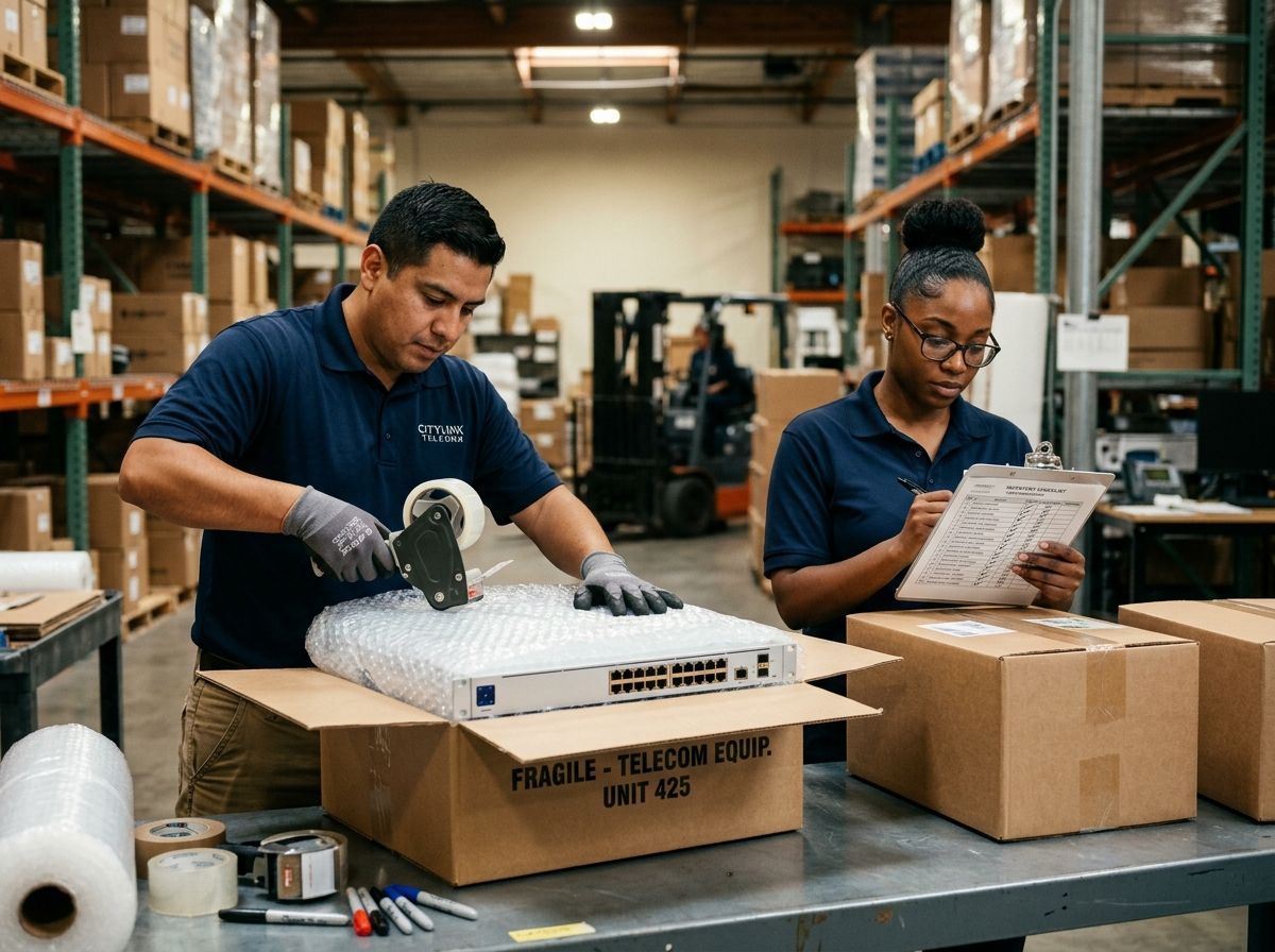 Two warehouse workers pack equipment into cardboard boxes on a metal table, with shelves of inventory in the background.