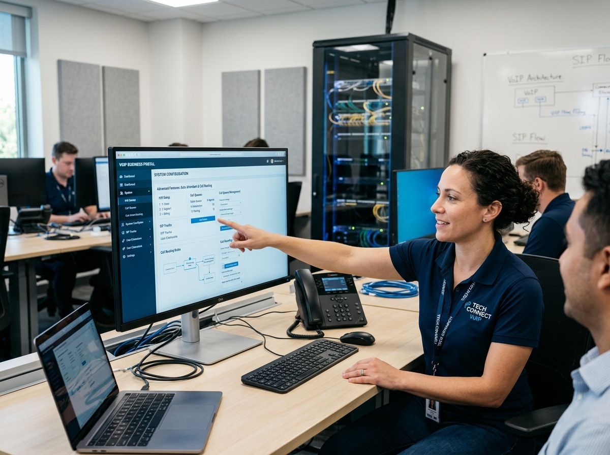 An instructor points to a computer screen for a student in a bright classroom with server racks and workstations.