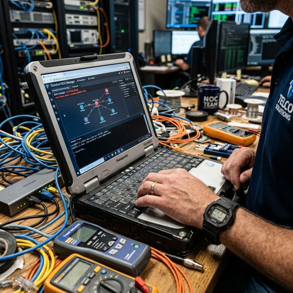 A technician uses a rugged laptop to monitor network connections in a server room filled with cables and equipment.