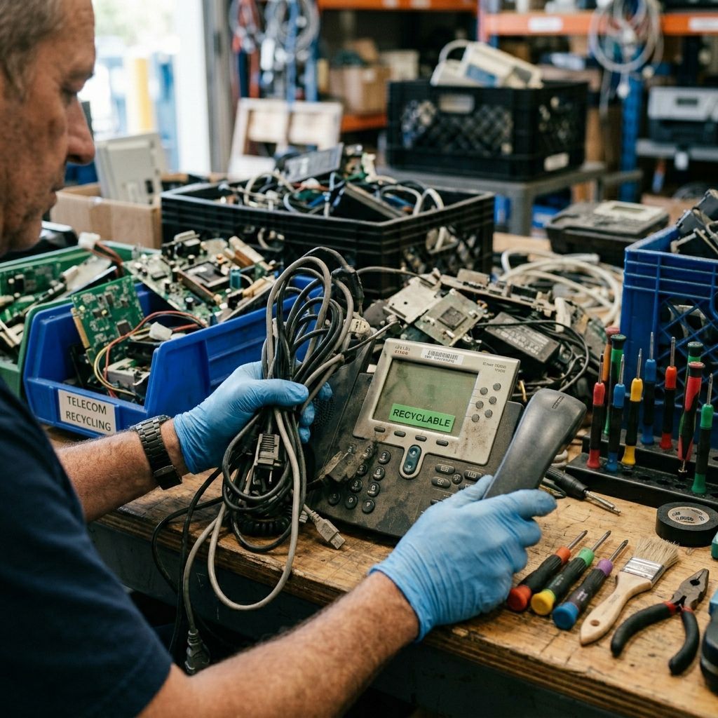 A technician in blue gloves works at a workbench, testing an office phone amidst electronic components and repair tools.