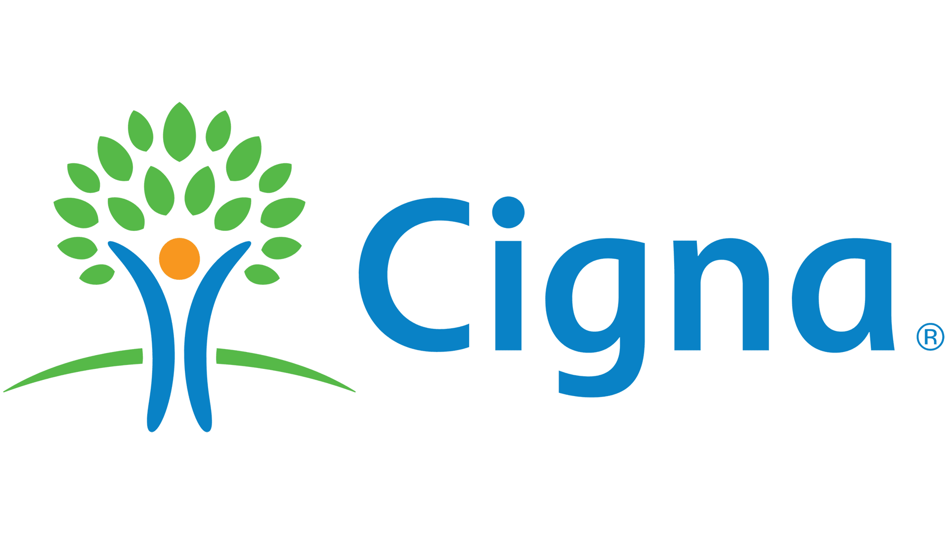 A cigna logo with a tree and a person in the middle.