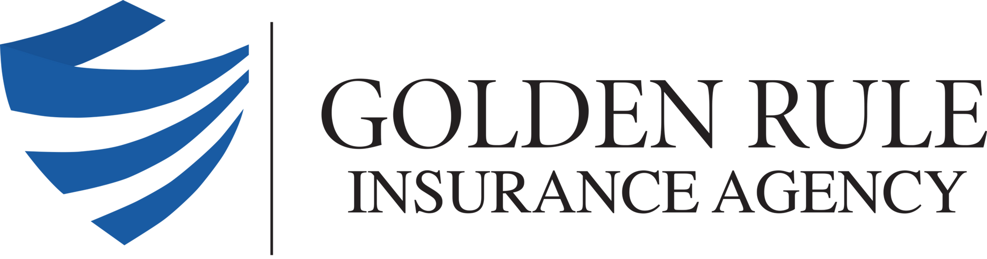 The logo for the golden rule insurance agency has a blue shield on it.
