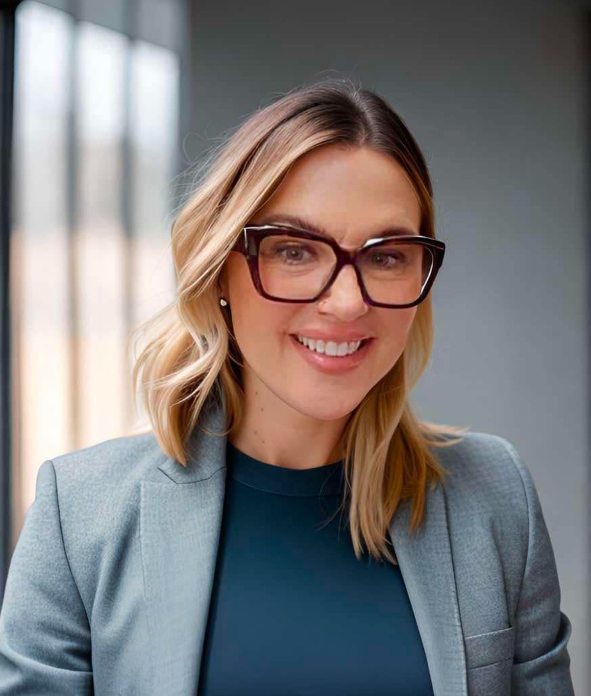 A woman wearing glasses and a suit jacket is smiling for the camera.