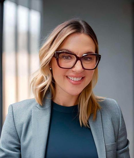 A woman wearing glasses and a suit jacket is smiling for the camera.