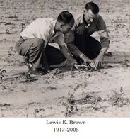Two men are kneeling in the dirt looking at a plant.