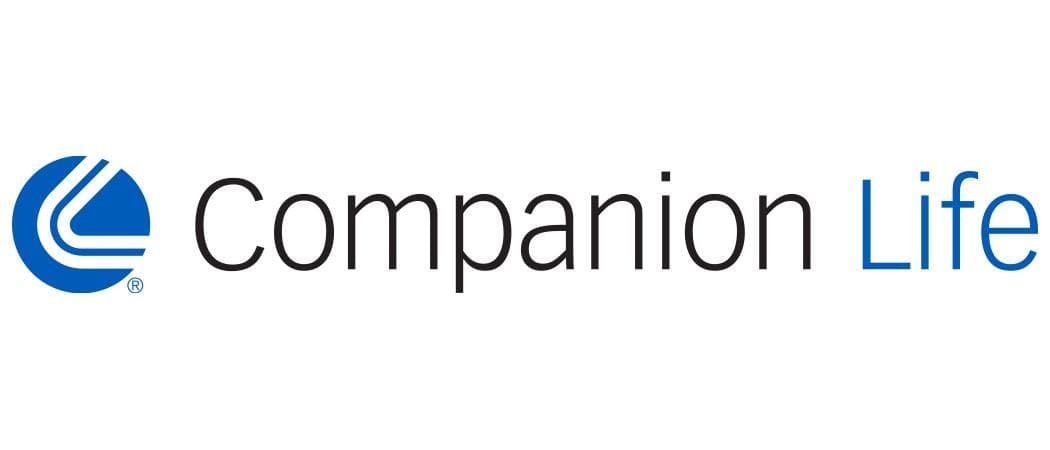 A blue and white logo for companion life on a white background.