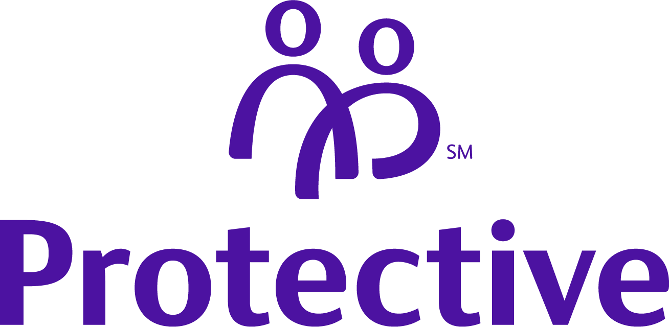 The protective logo is purple and white and has two people on it.
