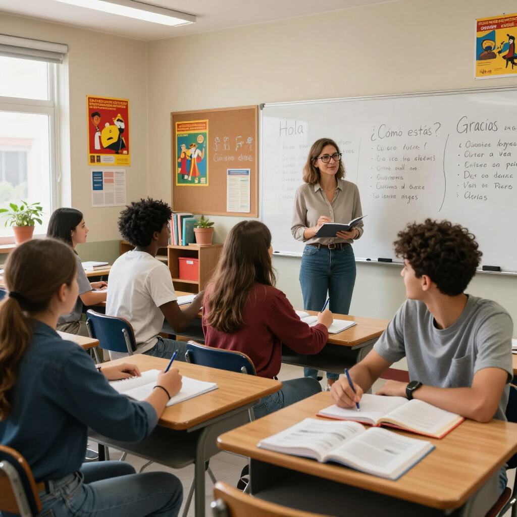 Una maestra se encuentra frente a un aula llena de estudiantes sentados en pupitres de madera, escribiendo en cuadernos.