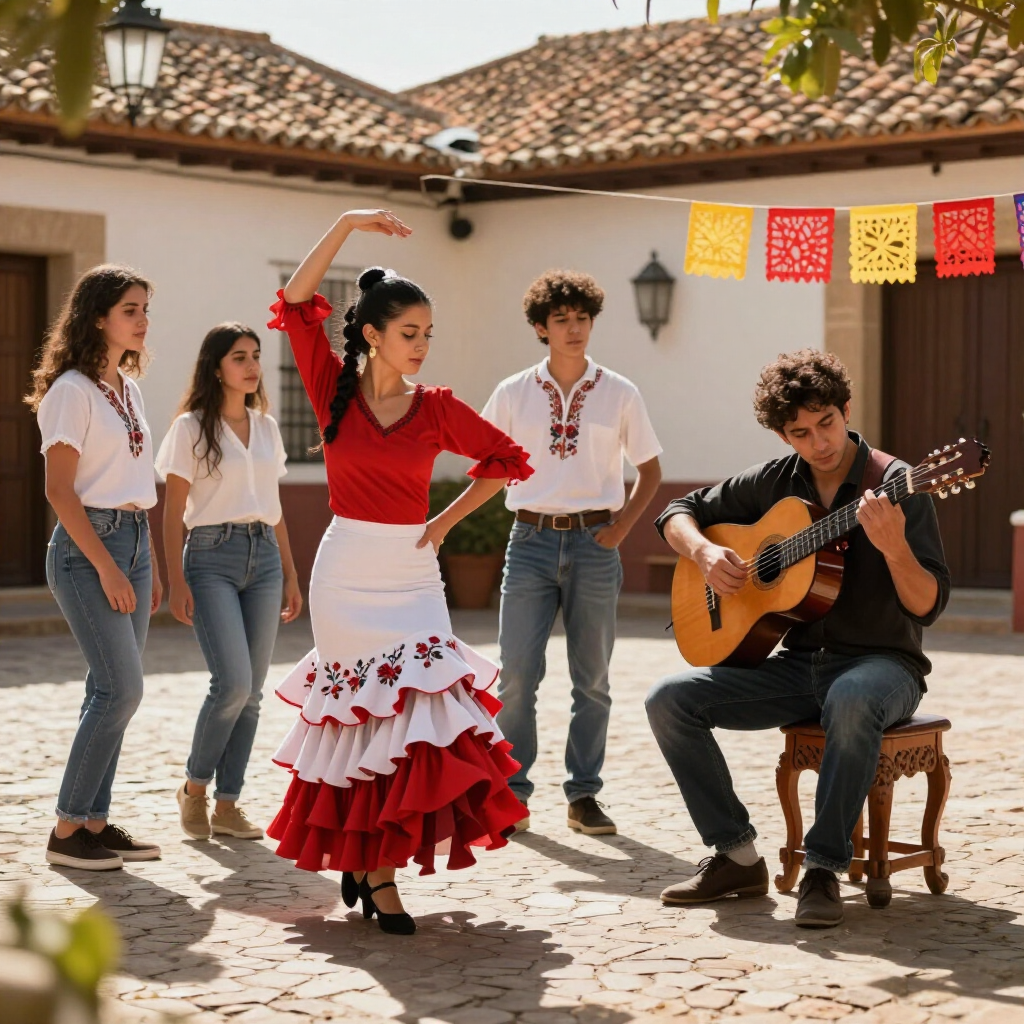 Una persona baila flamenco vestida de rojo y blanco mientras otras personas permanecen cerca o tocan la guitarra en un patio.