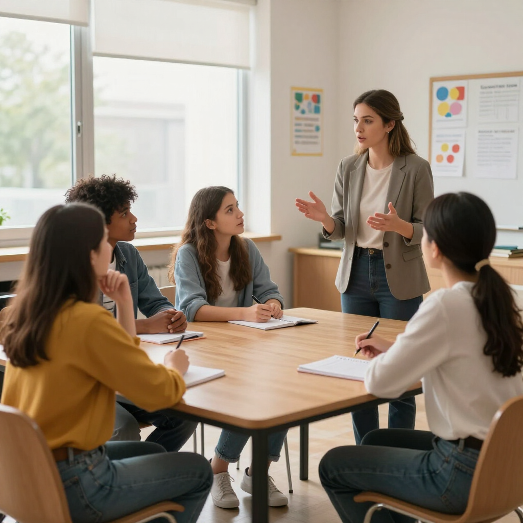 Un facilitador se encuentra de pie junto a una mesa de madera, conversando sobre el trabajo con un grupo de cuatro personas en un aula.
