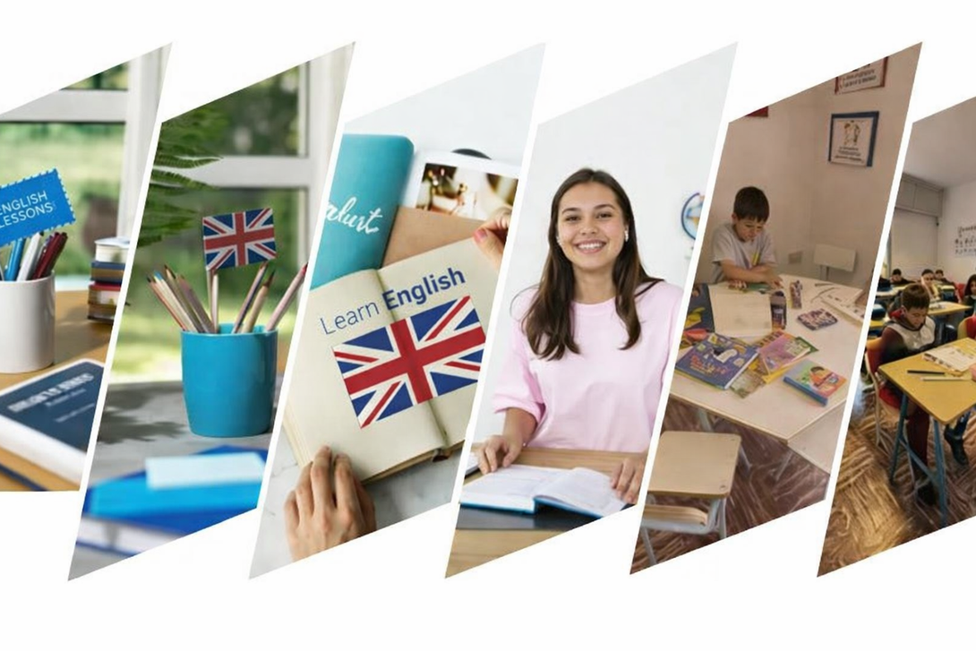 Un collage de seis paneles inclinados que muestran a estudiantes y profesores en aulas y entornos de estudio con libros y material escolar.