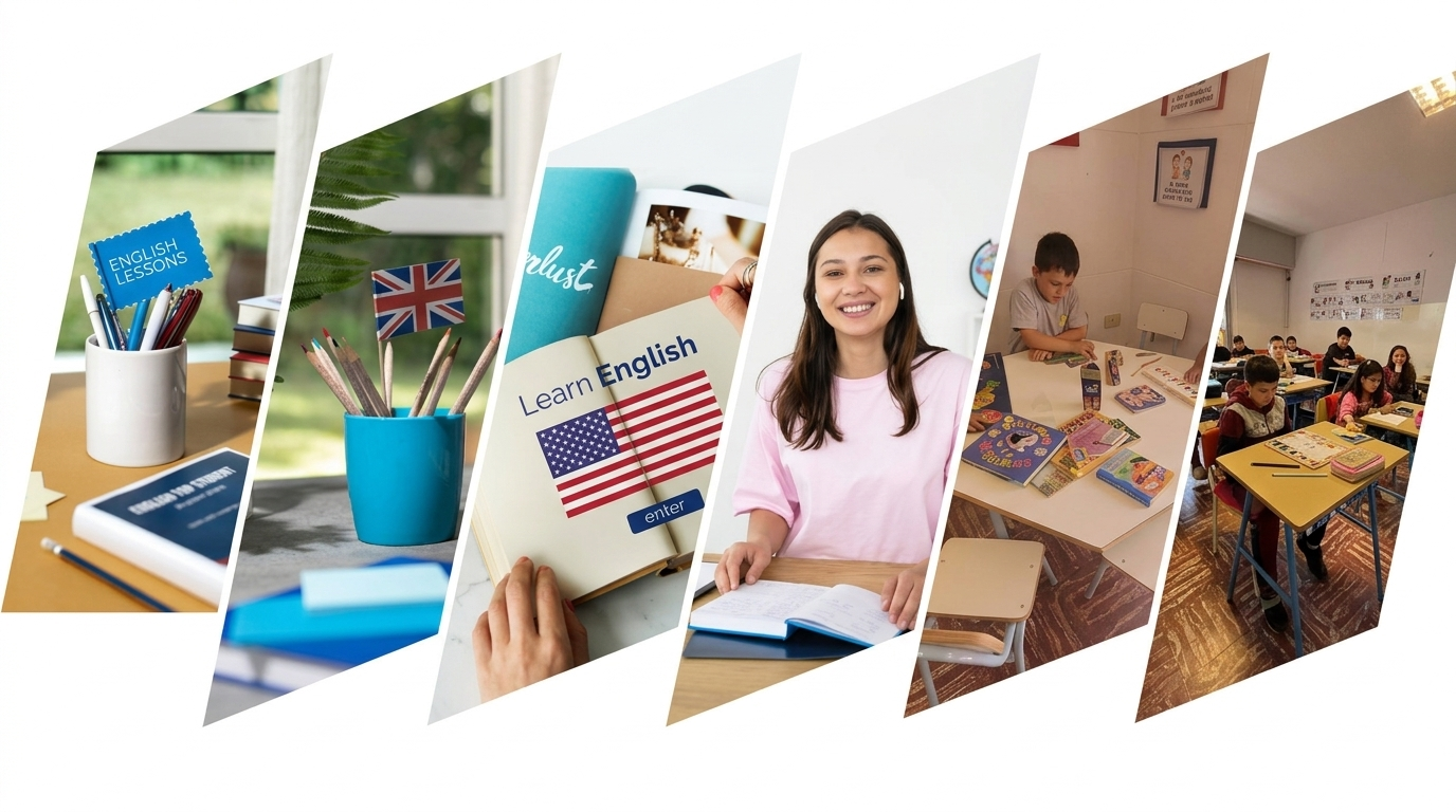 Un collage de seis paneles inclinados que muestran a estudiantes y profesores en aulas y entornos de estudio con libros y material escolar.