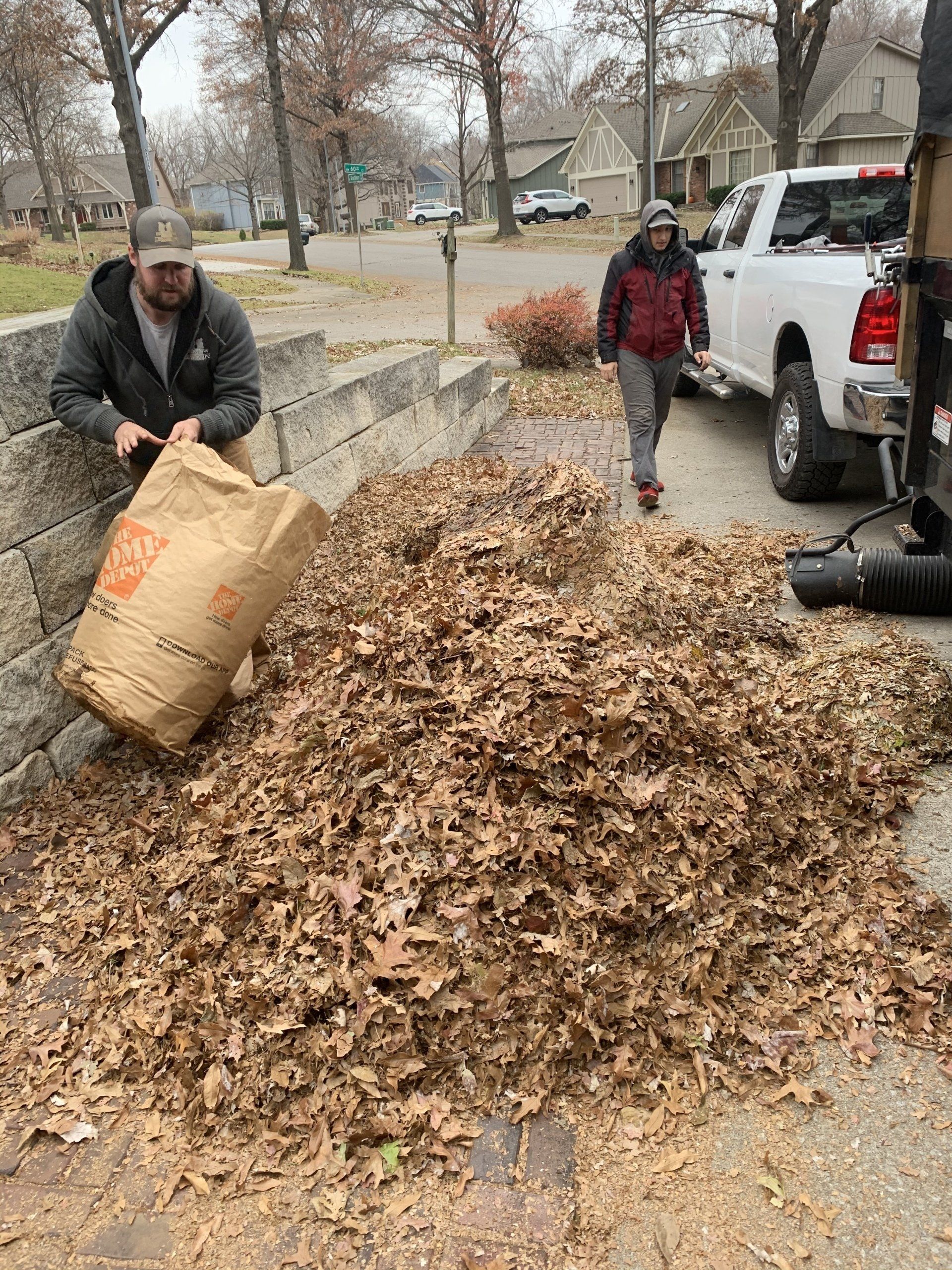 Two men are standing next to a pile of leaves.