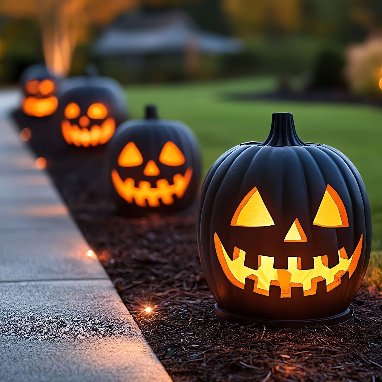 A row of pumpkins with faces carved into them