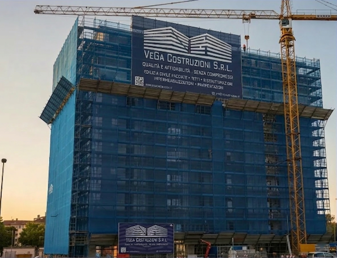 Edificio in costruzione con impalcature e gru. Sullo striscione si legge 