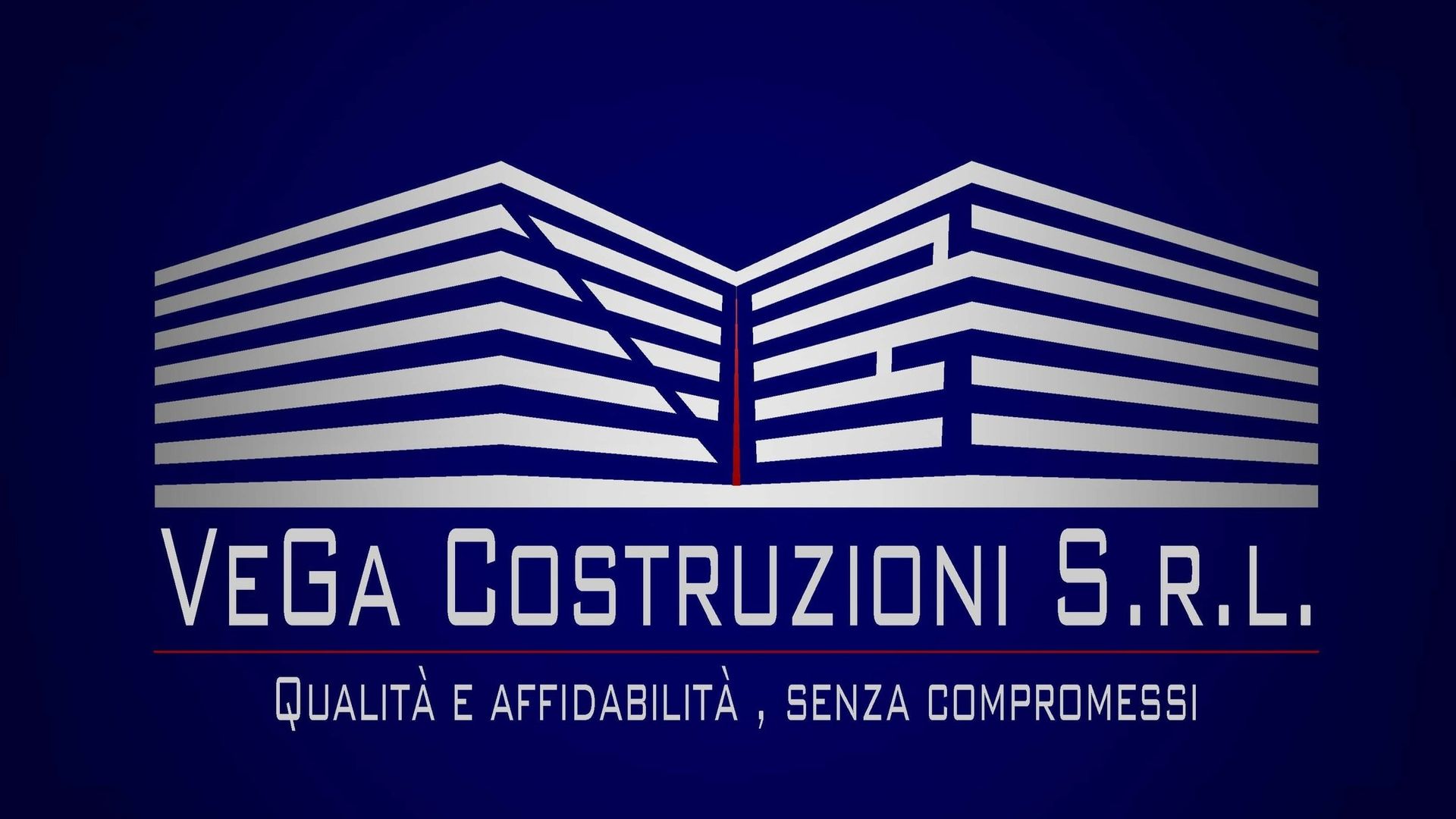 Logo della Vega Costruzioni SRL raffigurante un edificio stilizzato di colore bianco su sfondo blu, con testo sottostante.