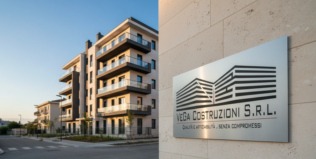 Moderno condominio con balconi; insegna aziendale