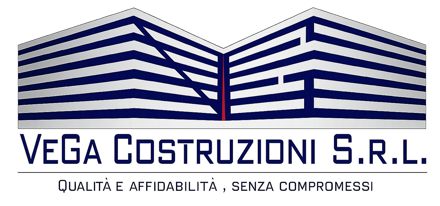 Logo per VEGA Costruzioni SRL raffigurante un edificio stilizzato in blu e argento, con nome dell'azienda e slogan in basso.