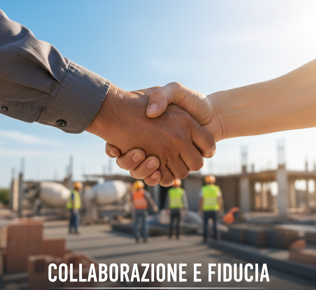 Due persone si stringono la mano in un cantiere; testo
