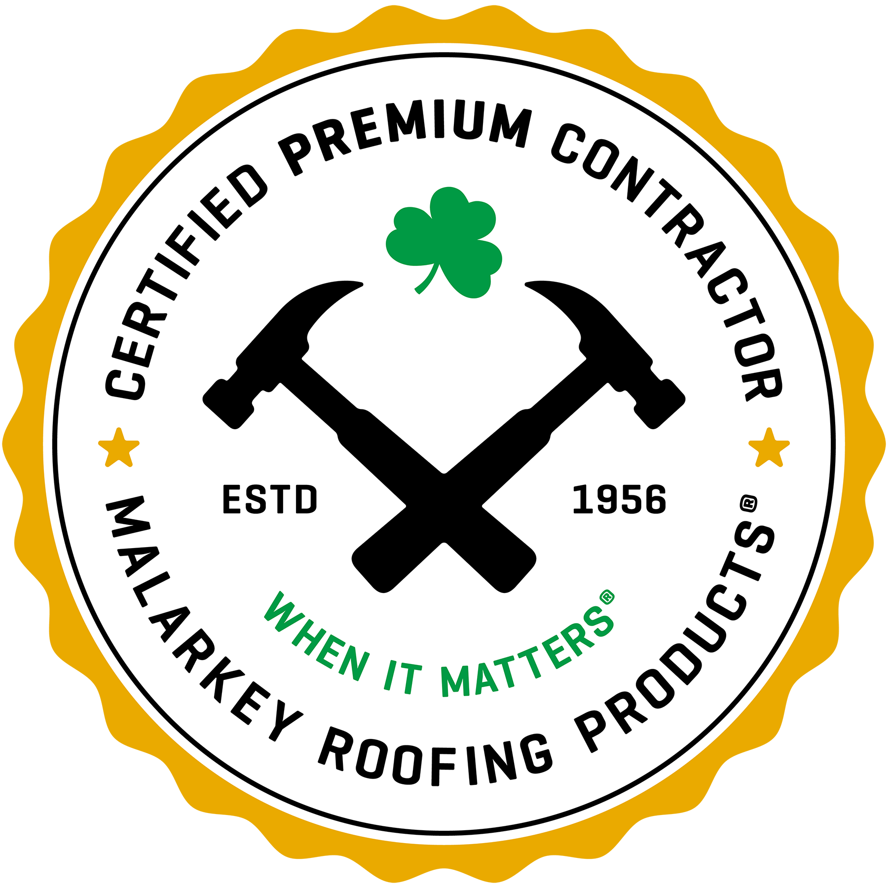 Black-and-white Malarkey Roofing Products badge with crossed hammers and green shamrock, “Certified Premium Contractor”