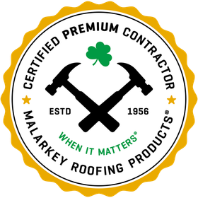 Black-and-white Malarkey Roofing Products badge with crossed hammers and green shamrock, “Certified Premium Contractor”