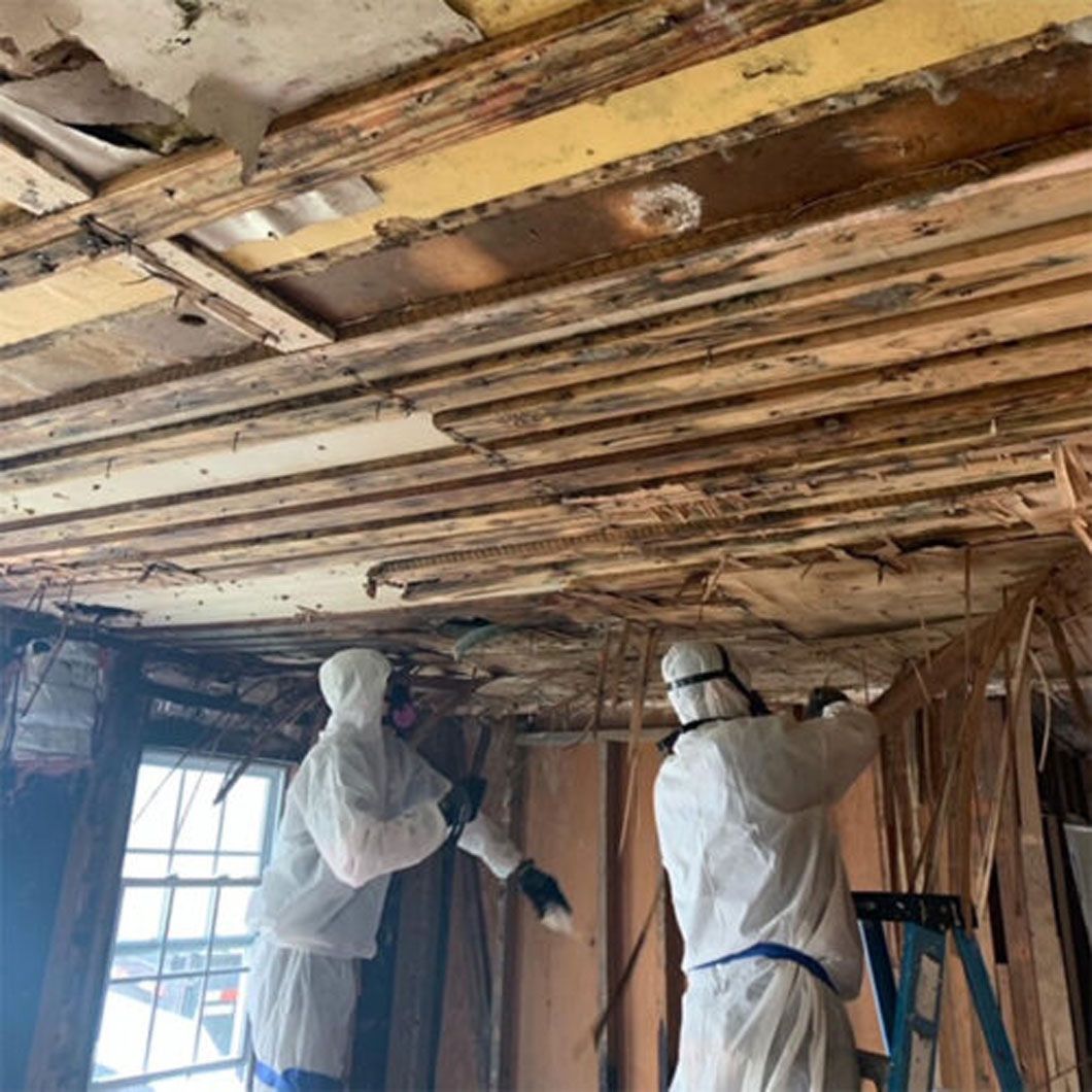 Two men in protective suits are working on a wooden ceiling.