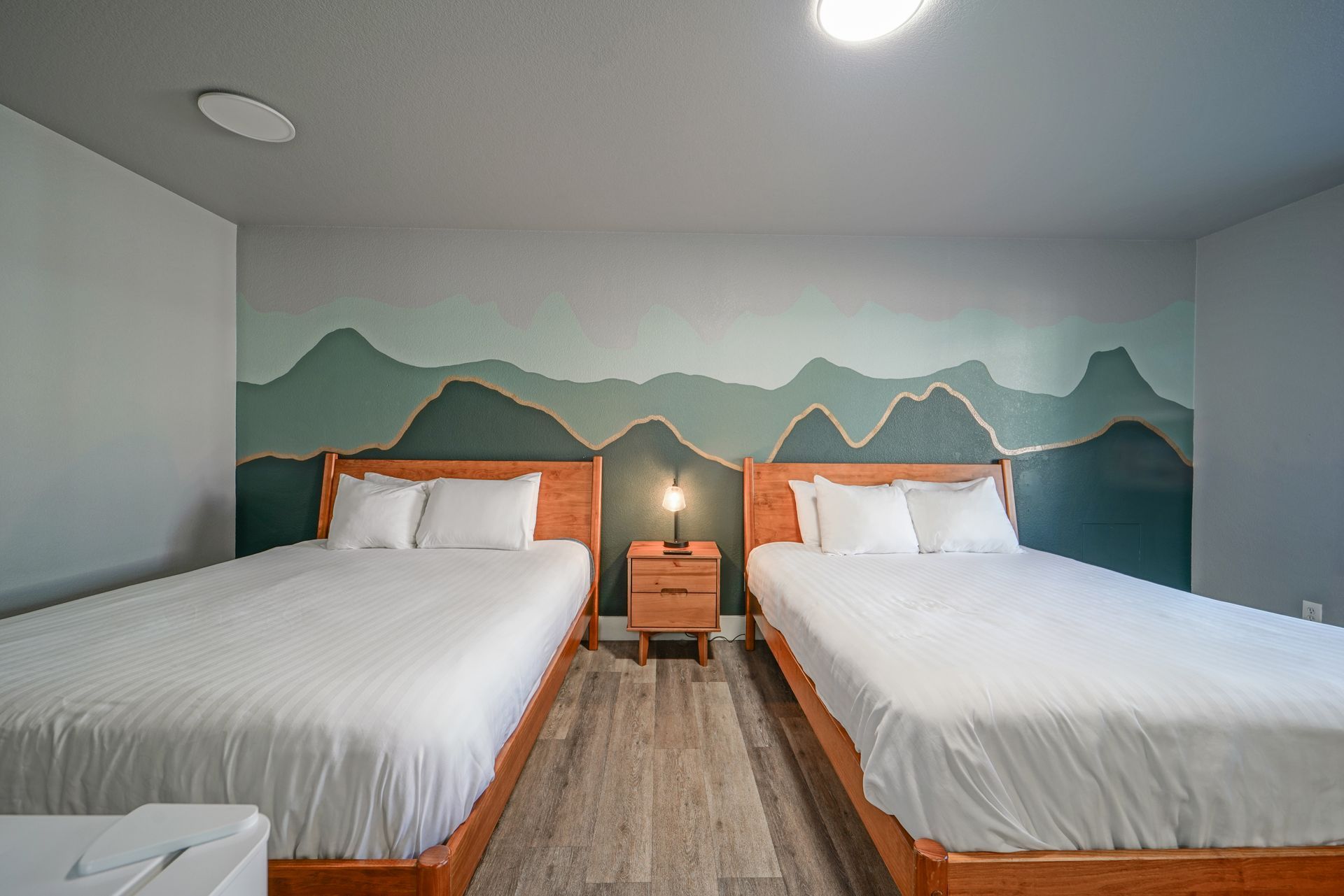 Twin beds in a modern room with mountain mural and a lamp on a nightstand