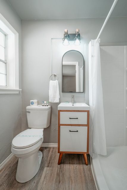 Bathroom with gray walls, white toilet, vanity, arched mirror, and shower curtain.