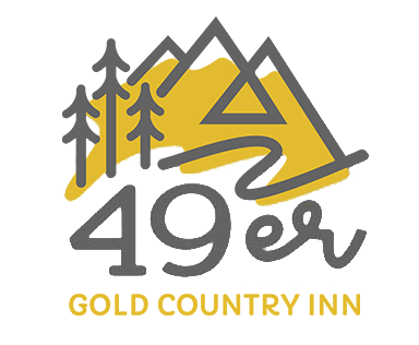 Logo for 49er Gold Country Inn: gray mountains and trees over a yellow landscape, with 