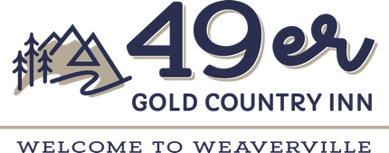 Logo for 49er Gold Country Inn: gray mountains and trees over a yellow landscape, with 