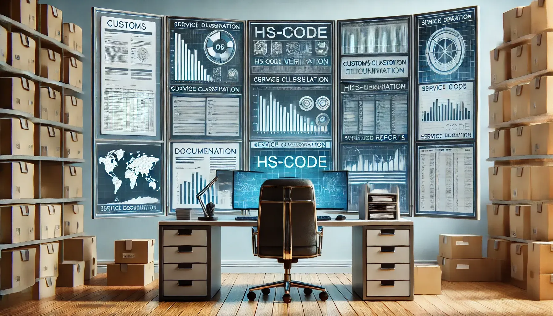 Ein Computertisch mit Stuhl vor einer Monitorwand.