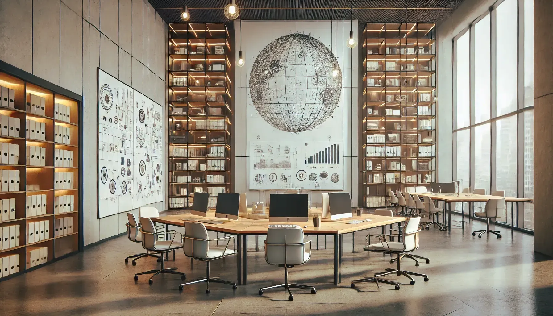 Ein Computertisch mit Stuhl vor einer Monitorwand.